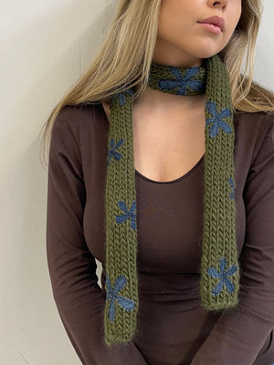 Forest Green Denim Flower knitted scarf